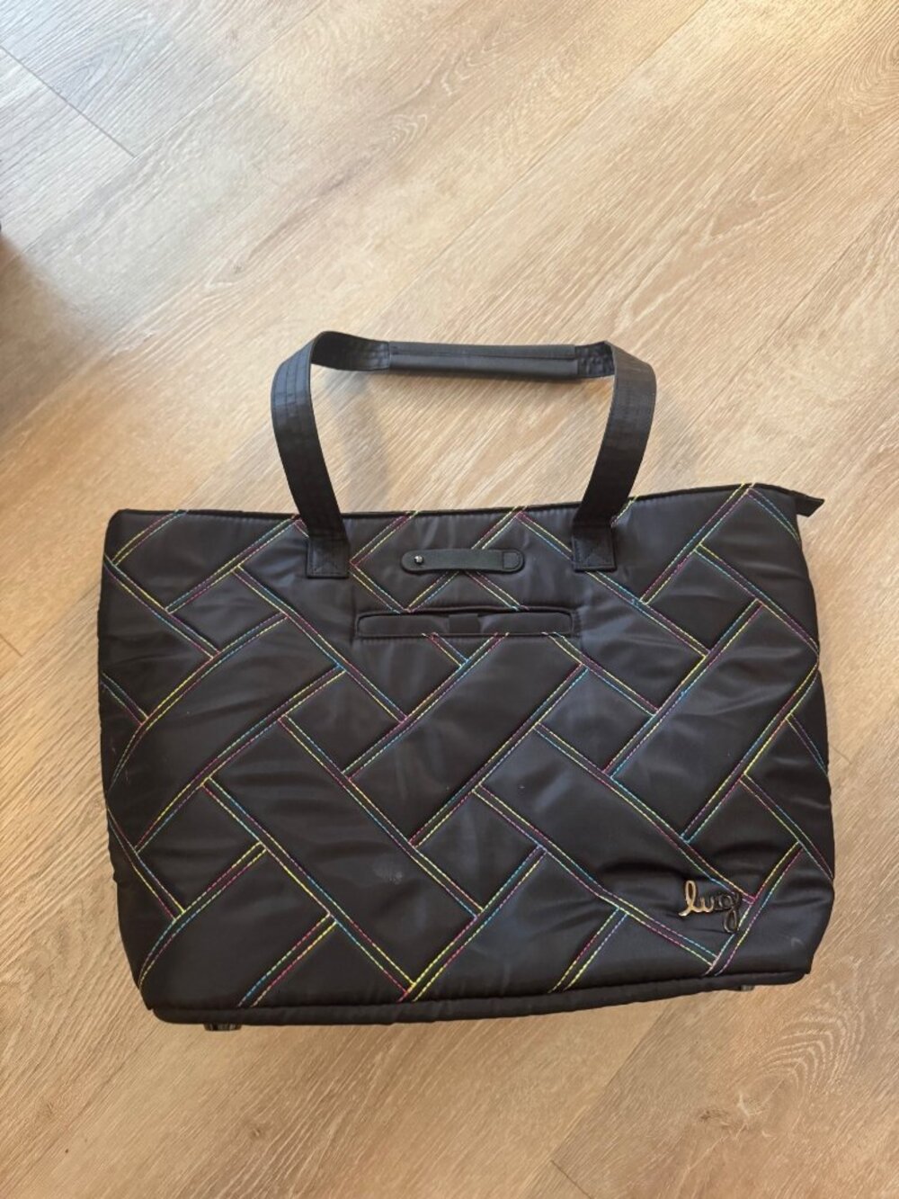 Lug Skyliner Tote Bag Black Rainbow Stitch RFID Travel Work Laptop Carry On